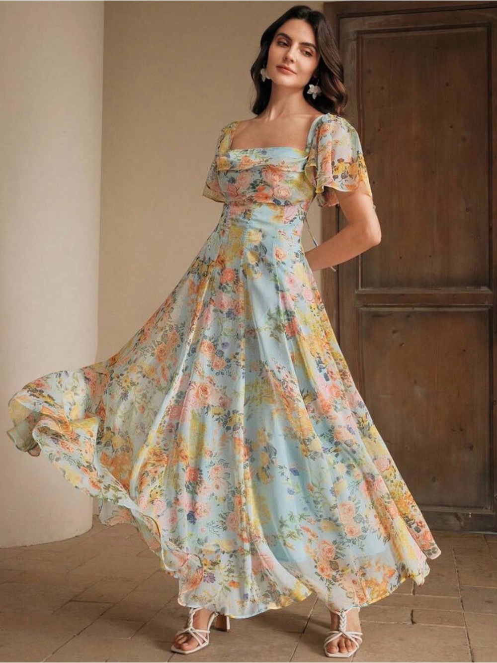 Pastel Blue Floral Square-Neck Maxi Dress